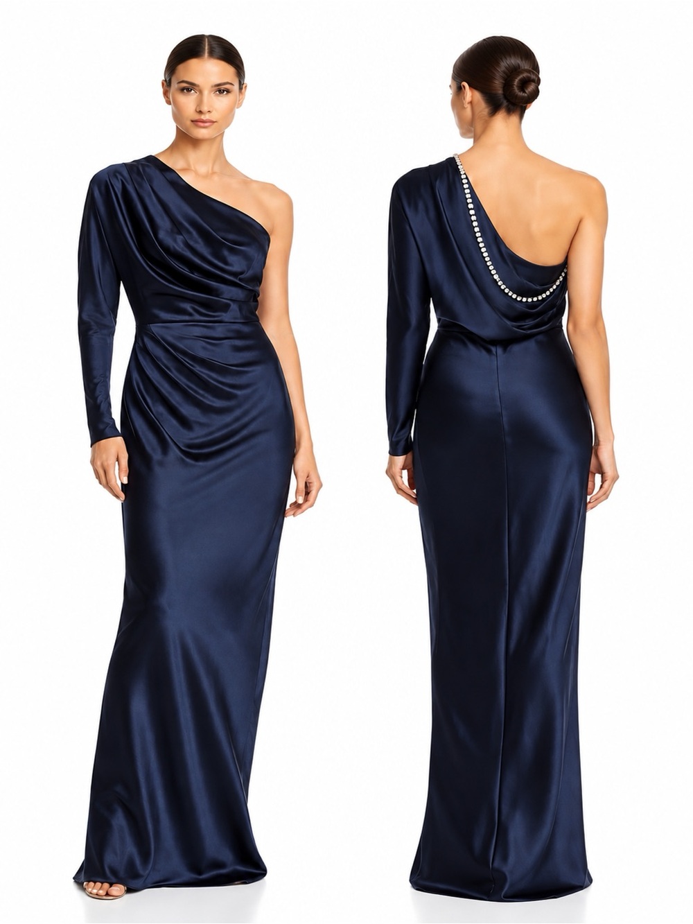 Cushnie One Shoulder Silk Rhinestone Column Gown Size 4 NWT Navy